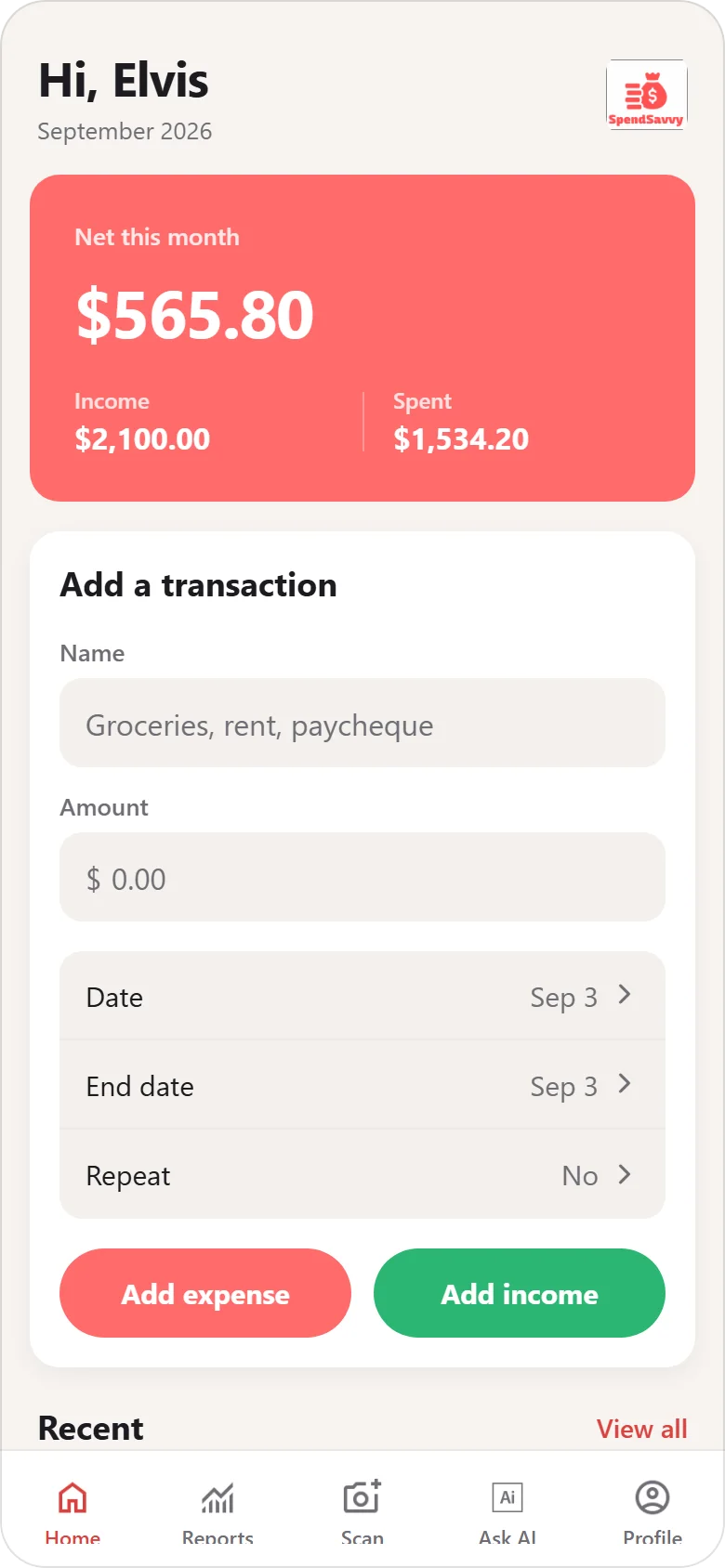 SpendSavvy home screen with the add transaction form